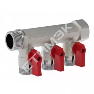 Коллекторы VALOGIN - купить в Екатеринбурге, Тюмени, Челябинске, Перми. Коллектор распределительный шаровой, 3 выхода 3/4" - 3 выхода х 1/2"  VG-902102 VALOGIN