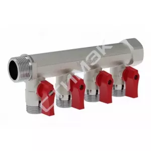 Коллекторы VALOGIN - купить в Екатеринбурге, Тюмени, Челябинске, Перми. Коллектор распределительный шаровой, 4 выхода 3/4" - 4 выхода х 1/2"  VG-902103 VALOGIN