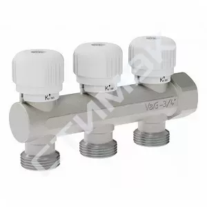 Коллекторы VALOGIN - купить в Екатеринбурге, Тюмени, Челябинске, Перми. Коллектор распределительный, вентильная регулировка, 3/4"-3 выходах3/4" евроконус VG-901202 VALOGIN