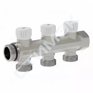 Коллекторы VALOGIN - купить в Екатеринбурге, Тюмени, Челябинске, Перми. Коллектор распределительный, вентильная регулировка,  3/4"-3 выходах3/4" евроконус VG-901502 VALOGIN