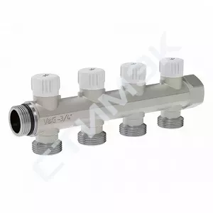 Коллекторы VALOGIN - купить в Екатеринбурге, Тюмени, Челябинске, Перми. Коллектор распределительный, вентильная регулировка, 3/4"-4 выходах3/4" евроконус VG-901503 VALOGIN