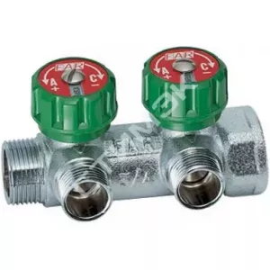 Коллекторы FAR - купить в Екатеринбурге, Тюмени, Челябинске, Перми. Регулирующий коллектор 1" (ВР-НР) с 2 отв. 3/4" НР (межосев. 45 мм) FK 3821 134 FAR