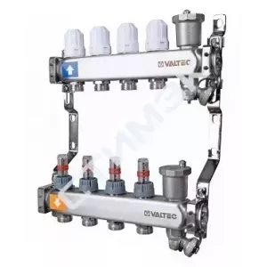 Коллекторные группы Valtec - купить в Екатеринбурге, Тюмени, Челябинске, Перми. Коллекторный блок из нерж. стали с регул. клап. и расх., 1"х2 вых. Евроконус 3/4" VTc.579.EMNX.0602